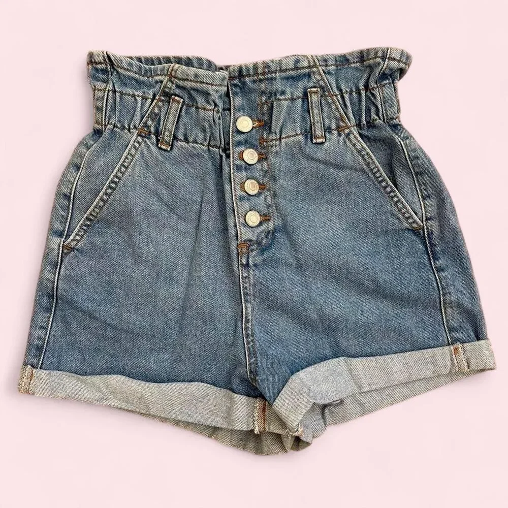 Topshop Paper Bag High Waisted Button Fly Denim Shorts Size 2